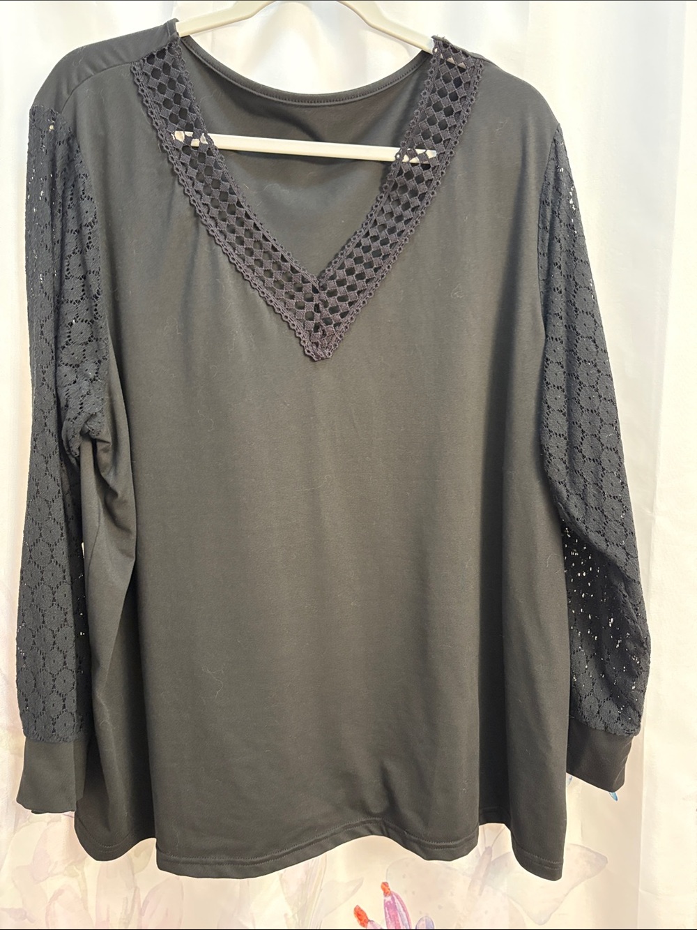 Black 3XL Lace-Trim V-Neck Women’s Top